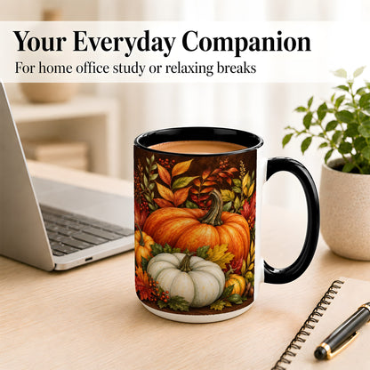 #pl[15oz|Black] Rustic Autumn Pumpkin Coffee Mug, Fall Harvest Mug, Ceramic Cup
