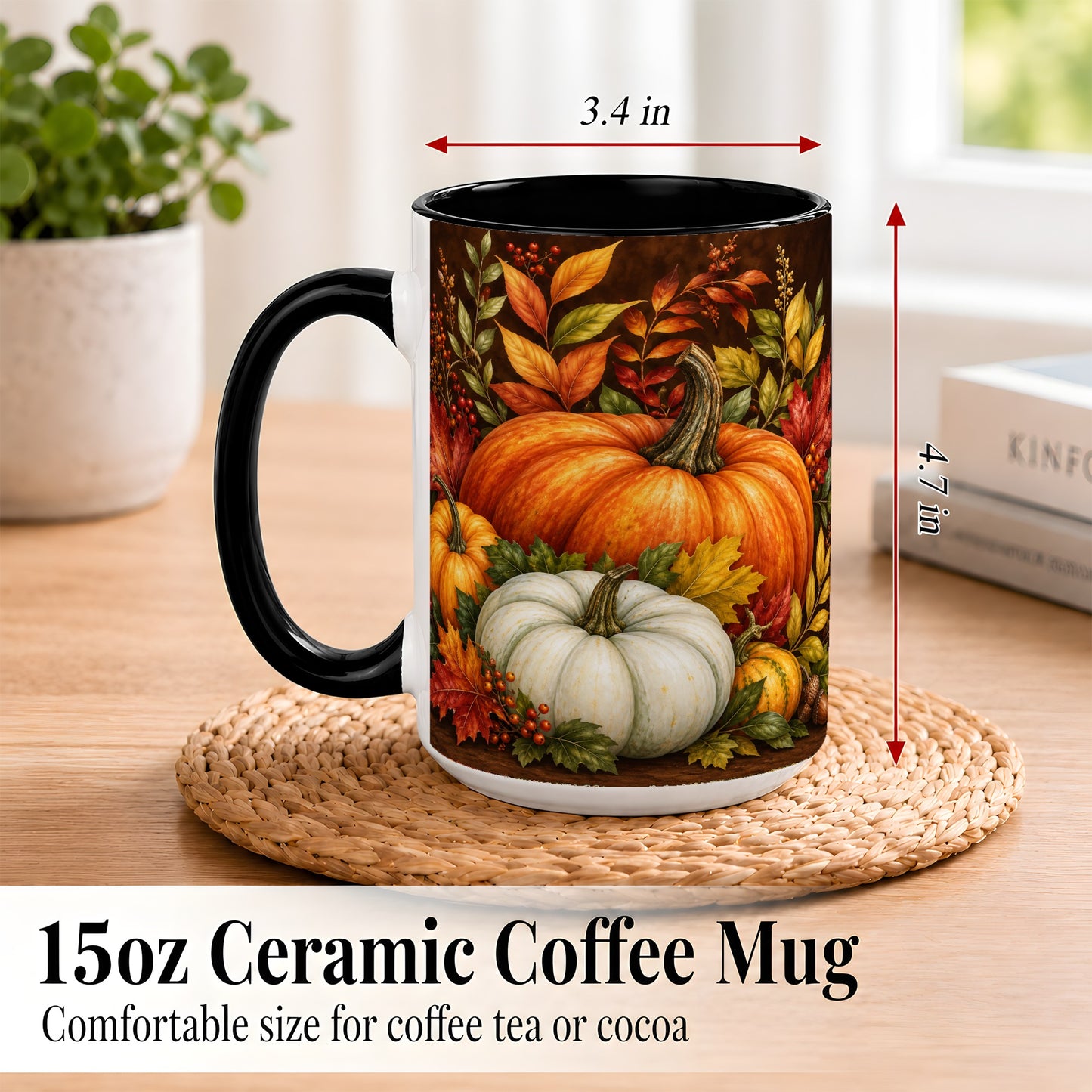 #pl[15oz|Black] Rustic Autumn Pumpkin Coffee Mug, Fall Harvest Mug, Ceramic Cup