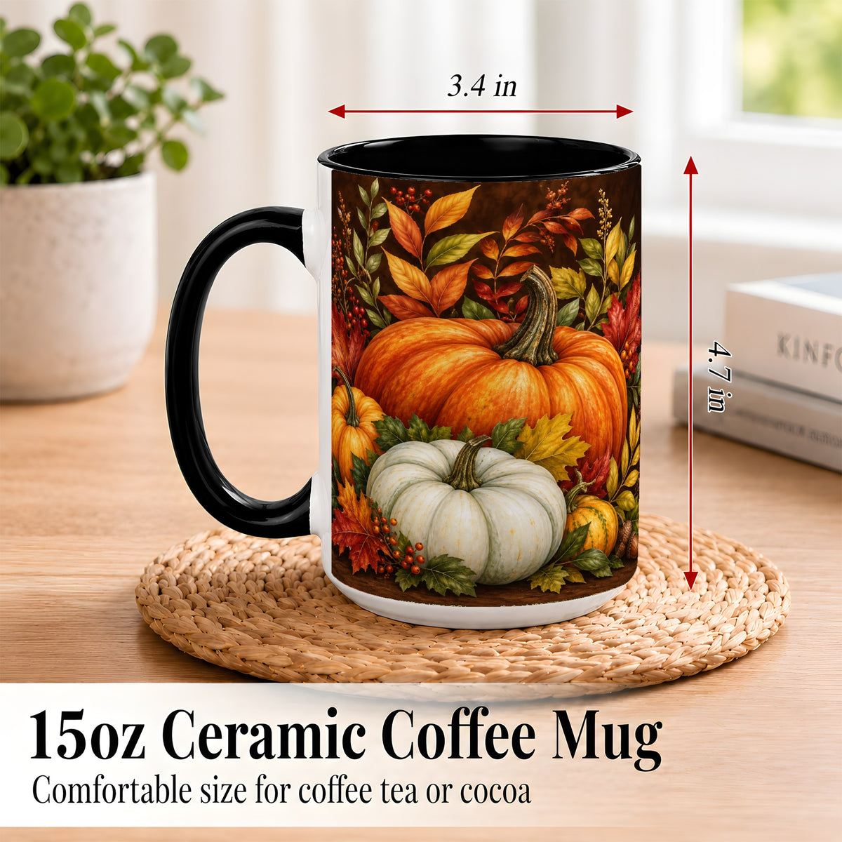 #pl[15oz|Black] Rustic Autumn Pumpkin Coffee Mug, Fall Harvest Mug, Ceramic Cup