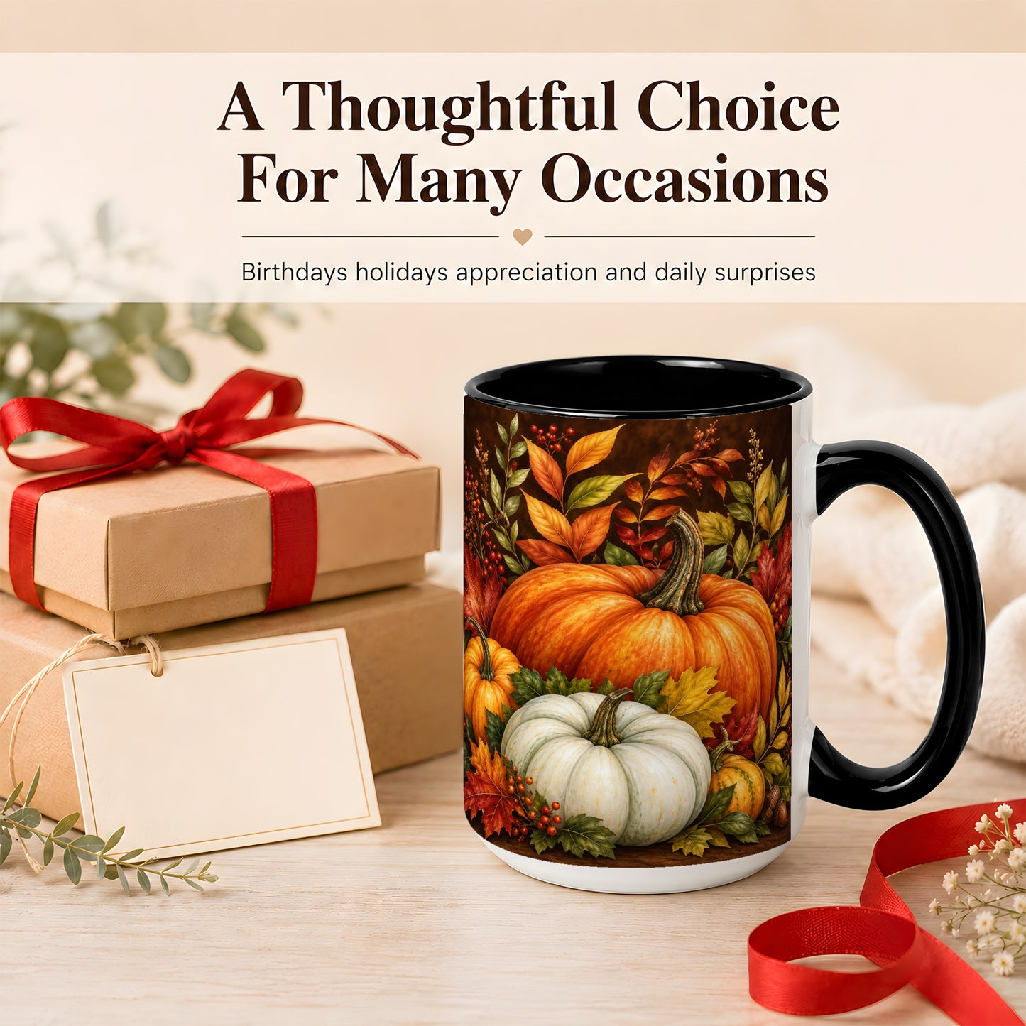 #pl[15oz|Black] Rustic Autumn Pumpkin Coffee Mug, Fall Harvest Mug, Ceramic Cup