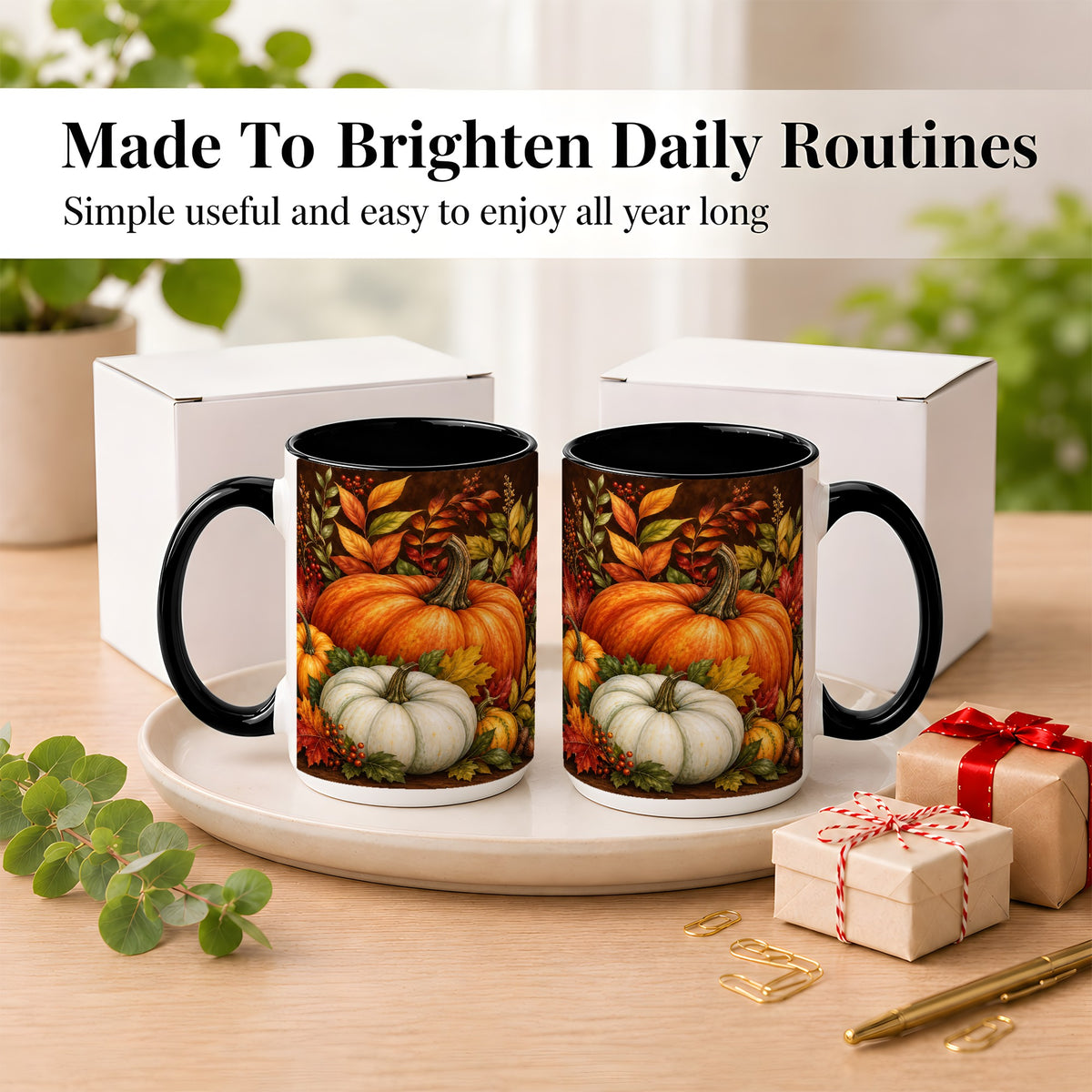#pl[15oz|Black] Rustic Autumn Pumpkin Coffee Mug, Fall Harvest Mug, Ceramic Cup