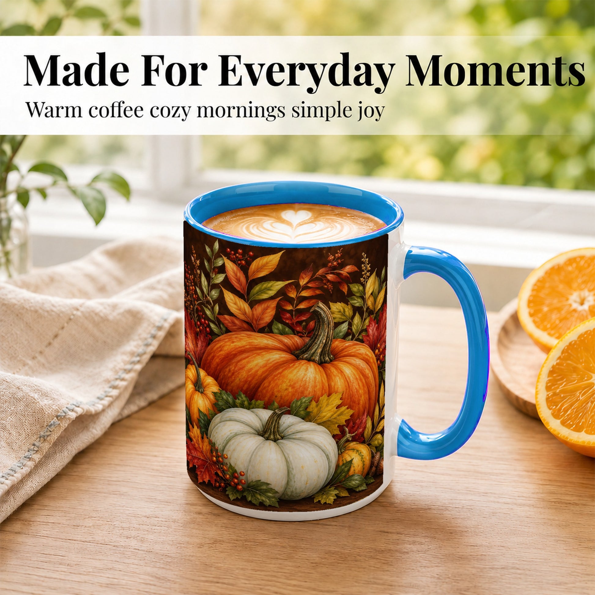#pl[15oz|Blue] Rustic Autumn Pumpkin Coffee Mug, Fall Harvest Mug, Ceramic Cup