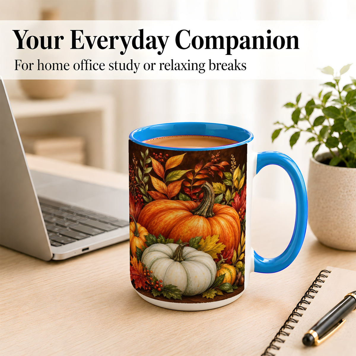 #pl[15oz|Blue] Rustic Autumn Pumpkin Coffee Mug, Fall Harvest Mug, Ceramic Cup