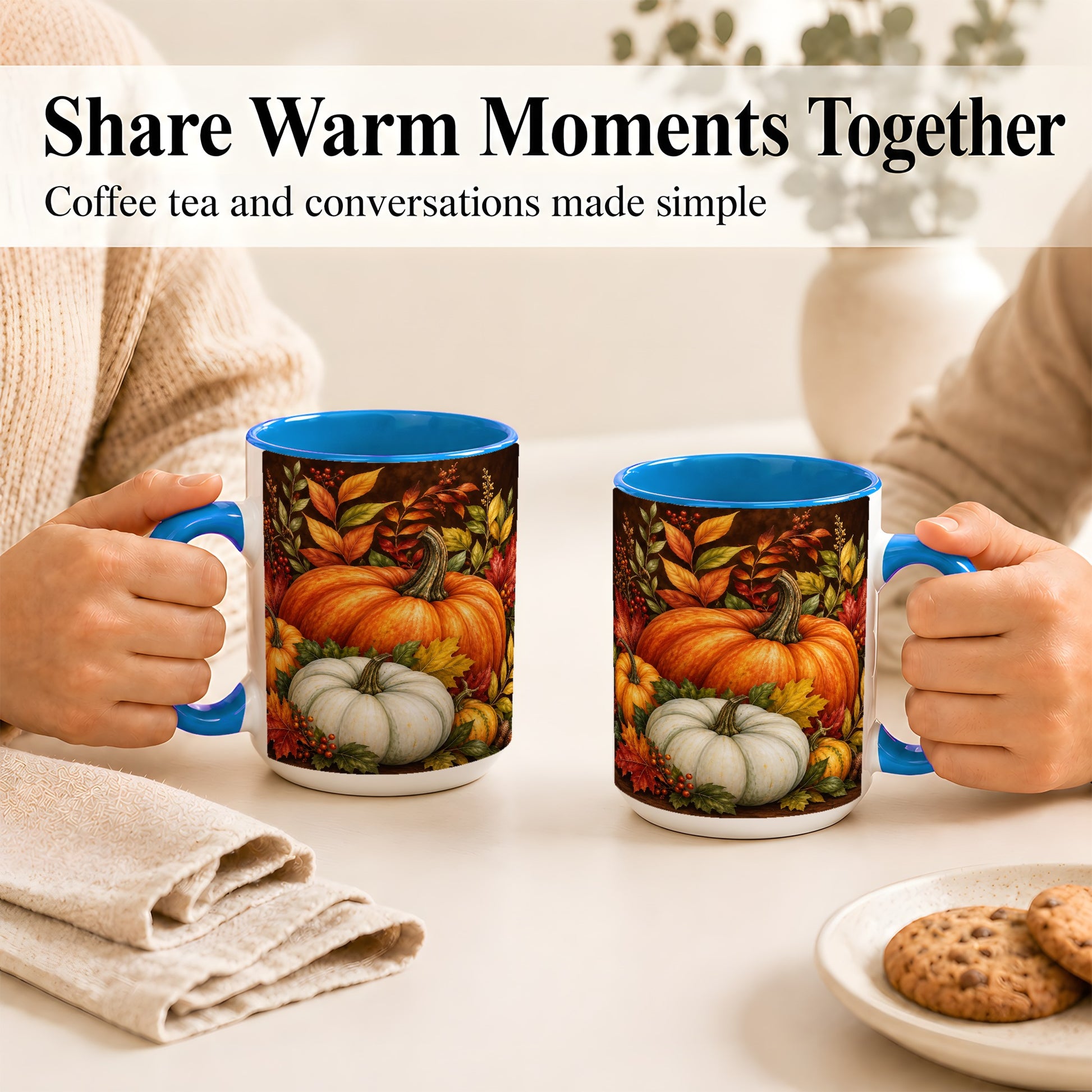 #pl[15oz|Blue] Rustic Autumn Pumpkin Coffee Mug, Fall Harvest Mug, Ceramic Cup