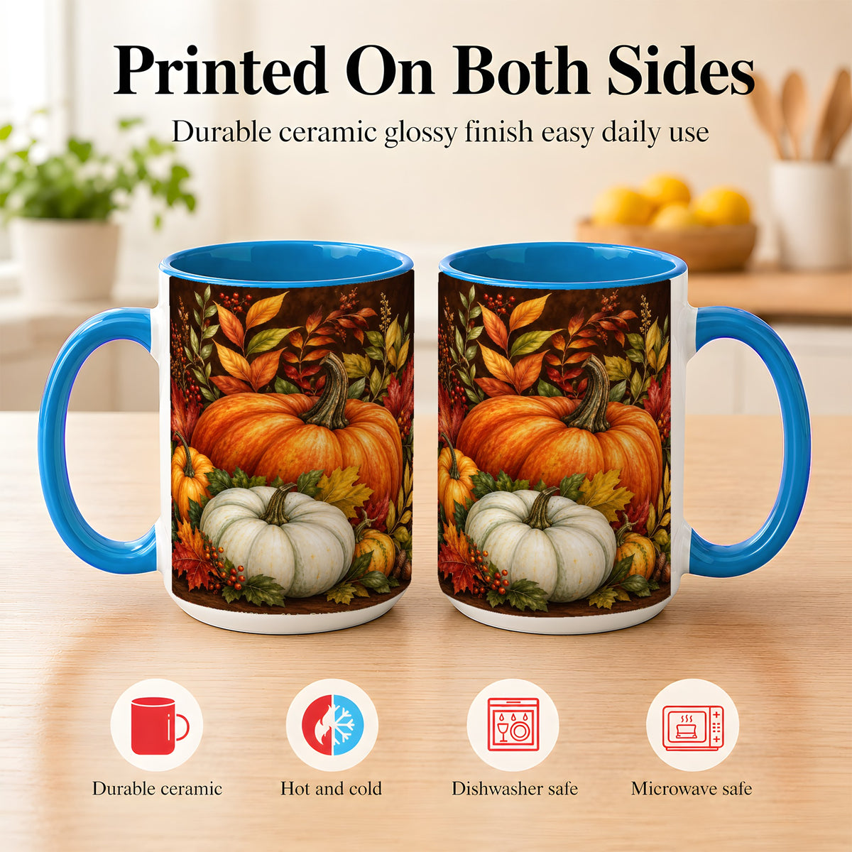 #pl[15oz|Blue] Rustic Autumn Pumpkin Coffee Mug, Fall Harvest Mug, Ceramic Cup