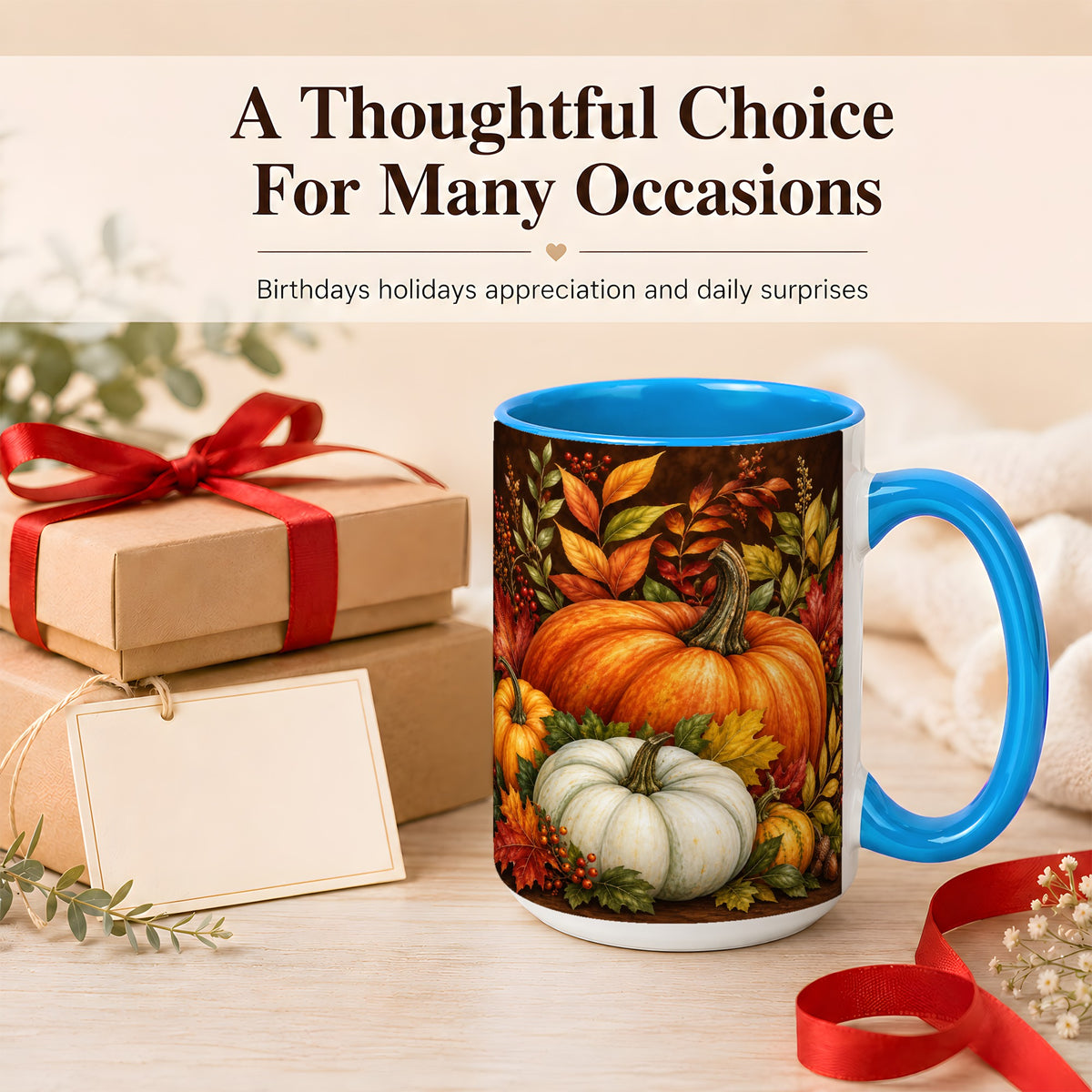 #pl[15oz|Blue] Rustic Autumn Pumpkin Coffee Mug, Fall Harvest Mug, Ceramic Cup