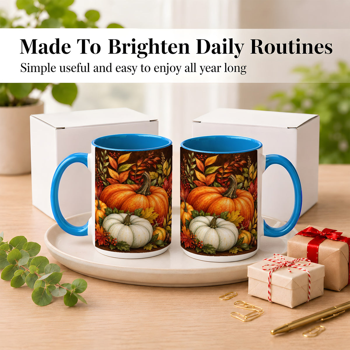 #pl[15oz|Blue] Rustic Autumn Pumpkin Coffee Mug, Fall Harvest Mug, Ceramic Cup