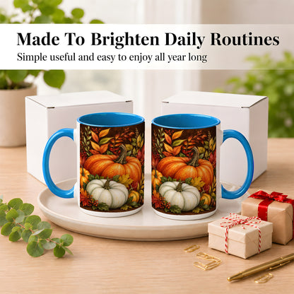 #pl[15oz|Blue] Rustic Autumn Pumpkin Coffee Mug, Fall Harvest Mug, Ceramic Cup