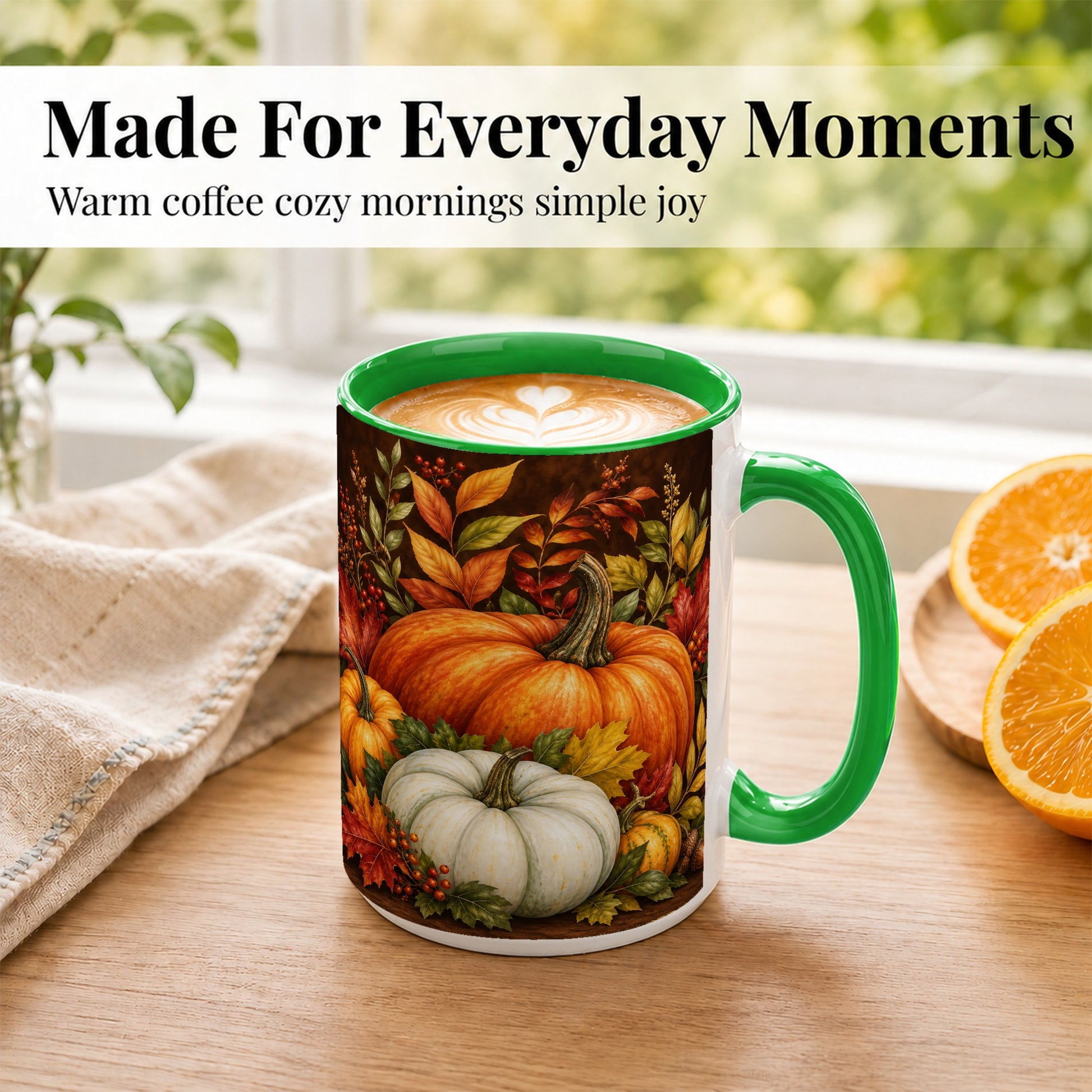#pl[15oz|Green] Rustic Autumn Pumpkin Coffee Mug, Fall Harvest Mug, Ceramic Cup