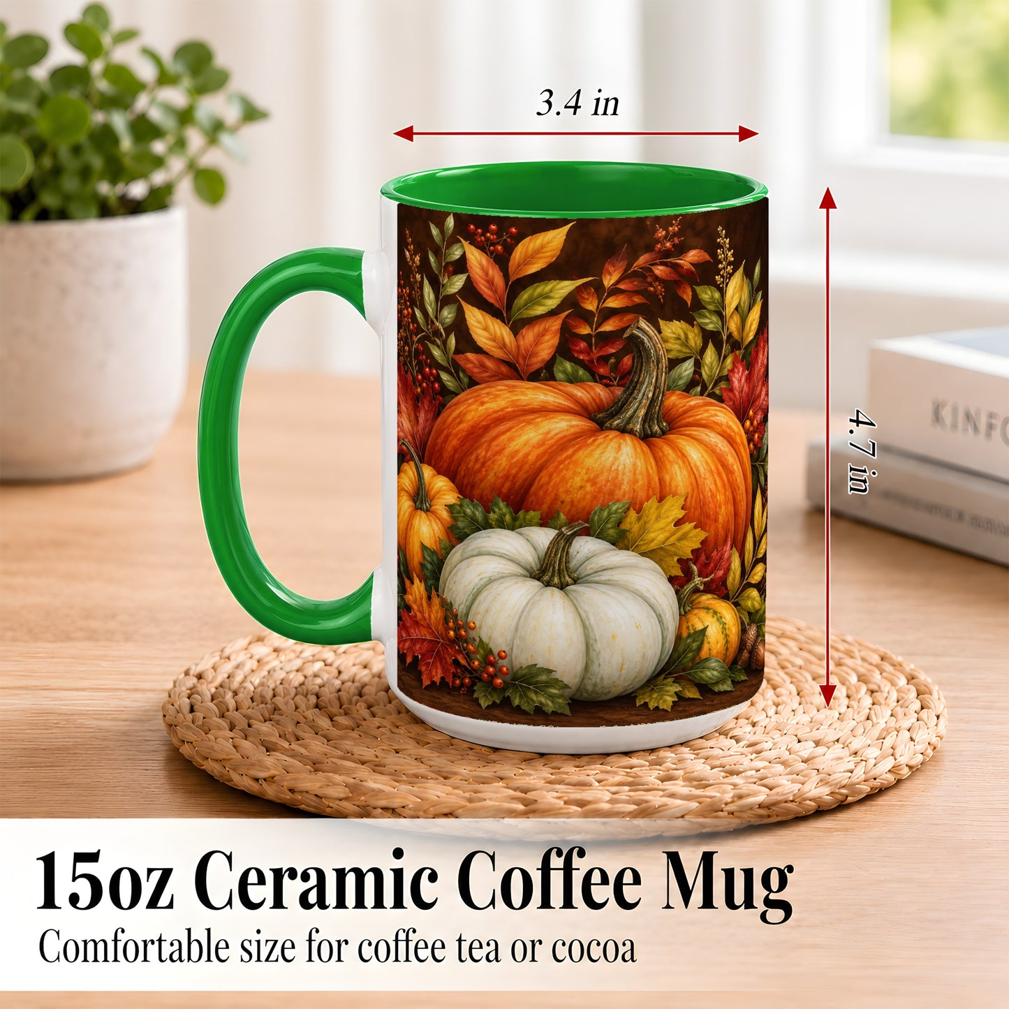 #pl[15oz|Green] Rustic Autumn Pumpkin Coffee Mug, Fall Harvest Mug, Ceramic Cup