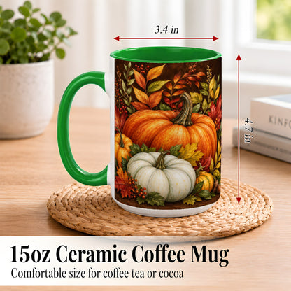 #pl[15oz|Green] Rustic Autumn Pumpkin Coffee Mug, Fall Harvest Mug, Ceramic Cup