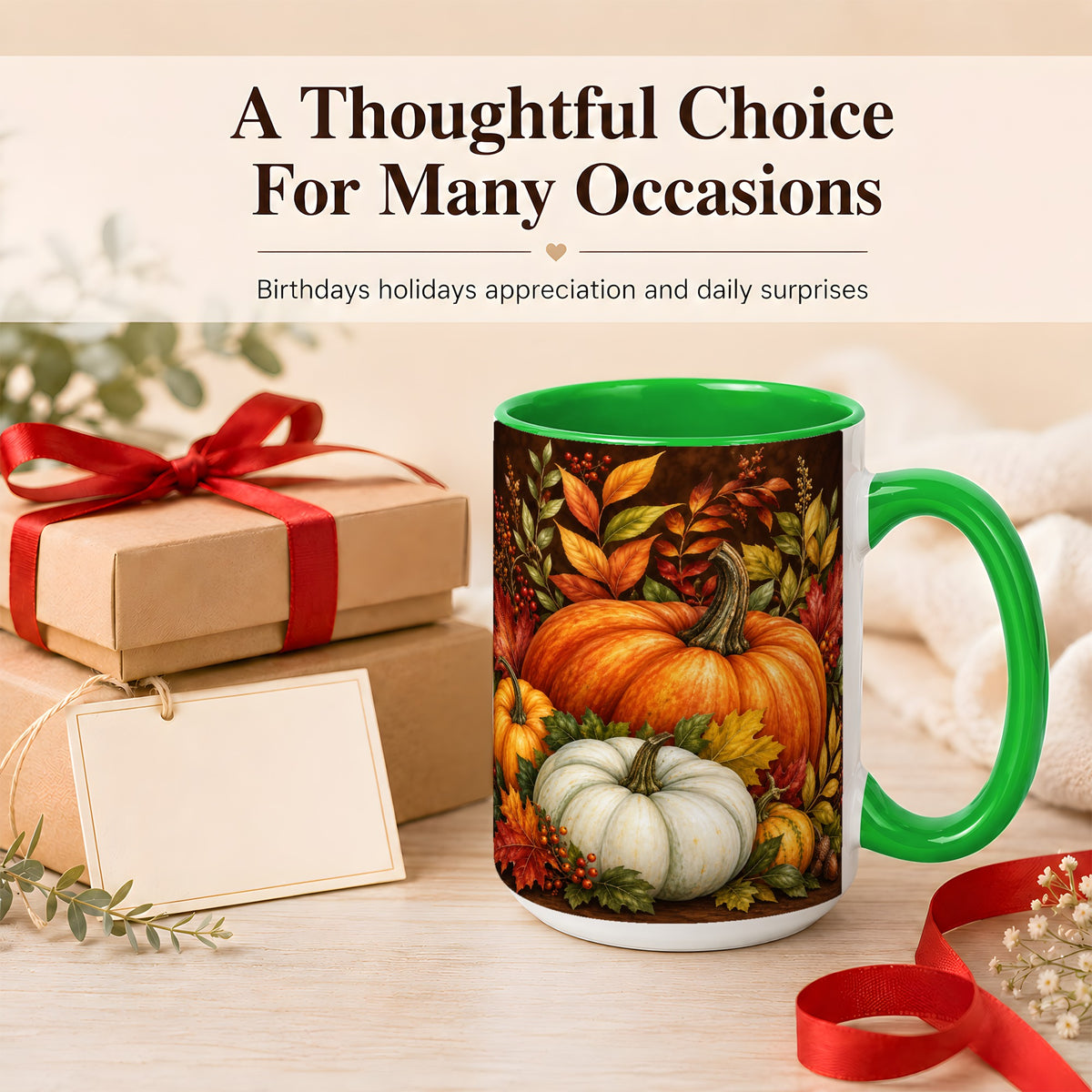 #pl[15oz|Green] Rustic Autumn Pumpkin Coffee Mug, Fall Harvest Mug, Ceramic Cup