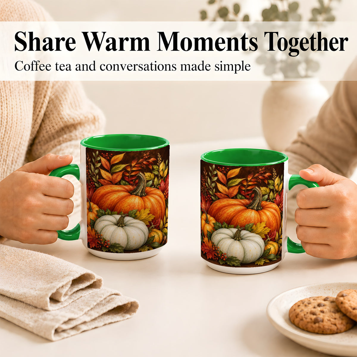 #pl[15oz|Green] Rustic Autumn Pumpkin Coffee Mug, Fall Harvest Mug, Ceramic Cup