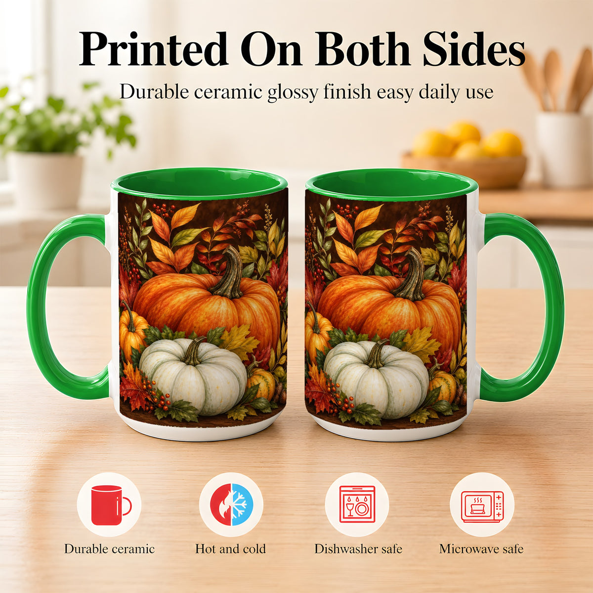#pl[15oz|Green] Rustic Autumn Pumpkin Coffee Mug, Fall Harvest Mug, Ceramic Cup