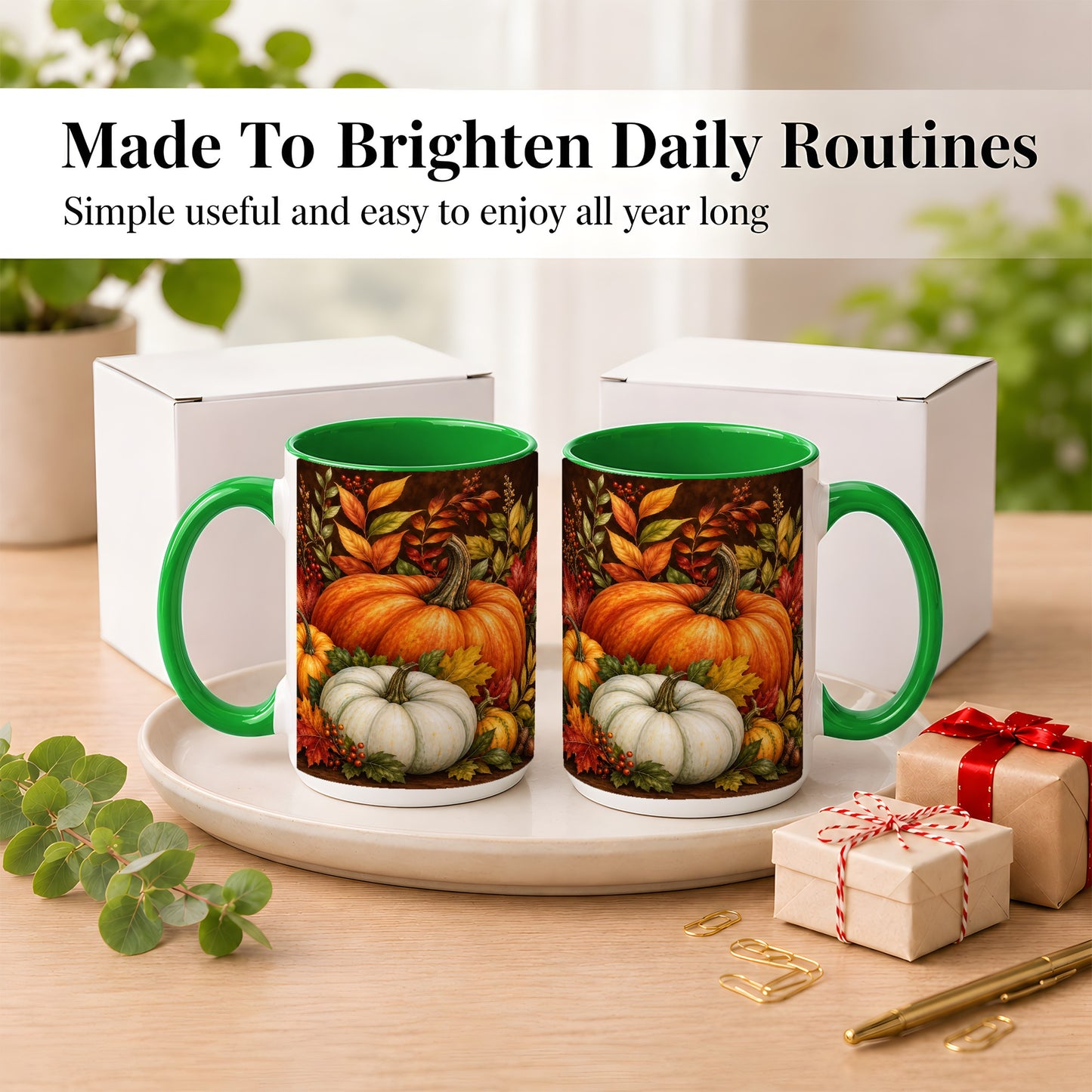 #pl[15oz|Green] Rustic Autumn Pumpkin Coffee Mug, Fall Harvest Mug, Ceramic Cup