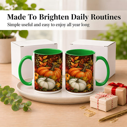 #pl[15oz|Green] Rustic Autumn Pumpkin Coffee Mug, Fall Harvest Mug, Ceramic Cup