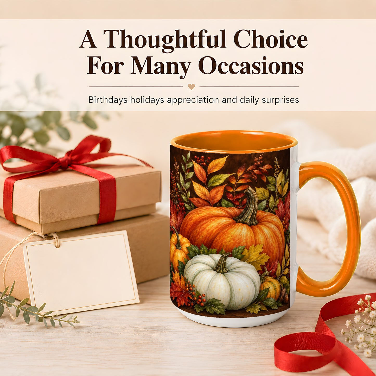 #pl[15oz|Orange] Rustic Autumn Pumpkin Coffee Mug, Fall Harvest Mug, Ceramic Cup