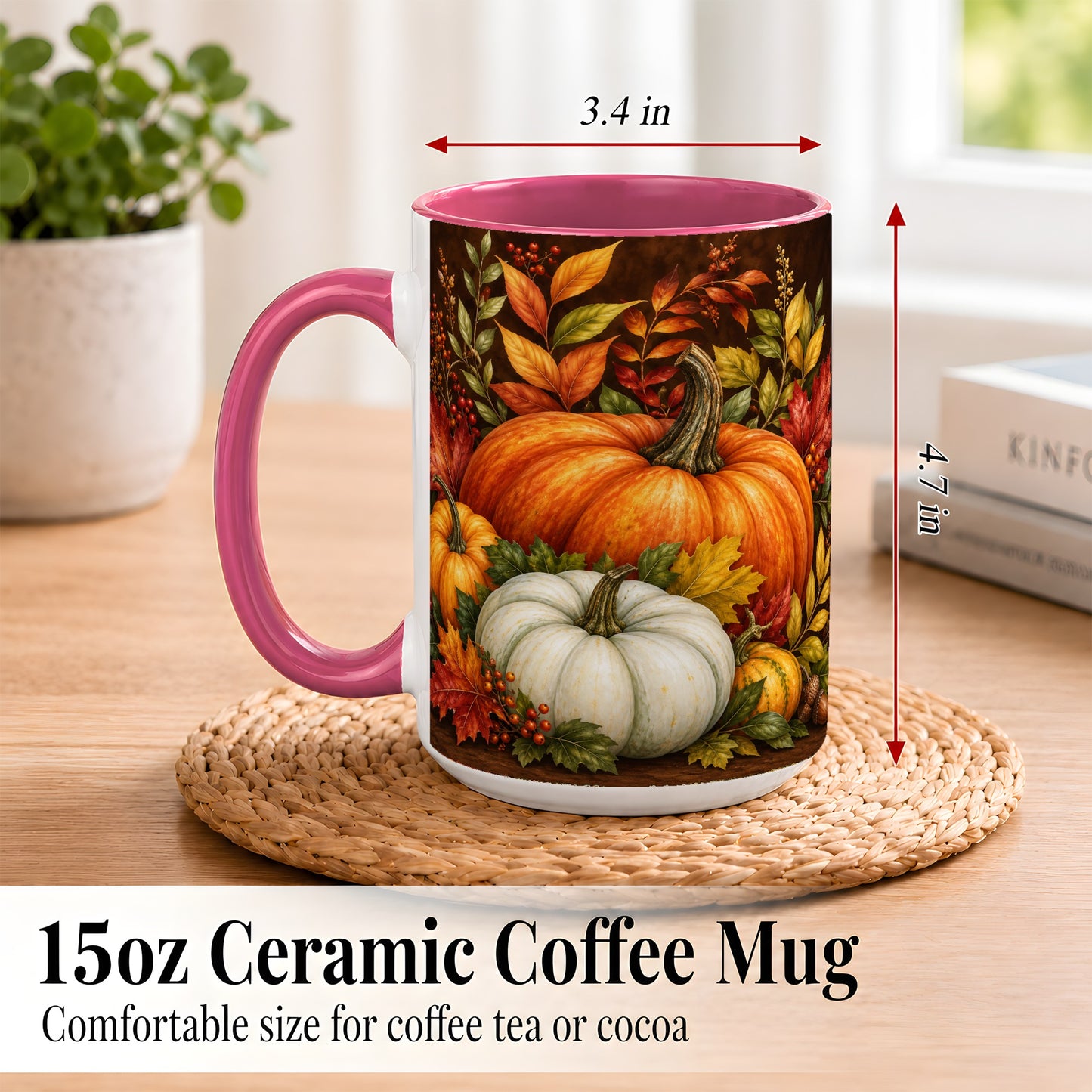 #pl[15oz|Pink] Rustic Autumn Pumpkin Coffee Mug, Fall Harvest Mug, Ceramic Cup