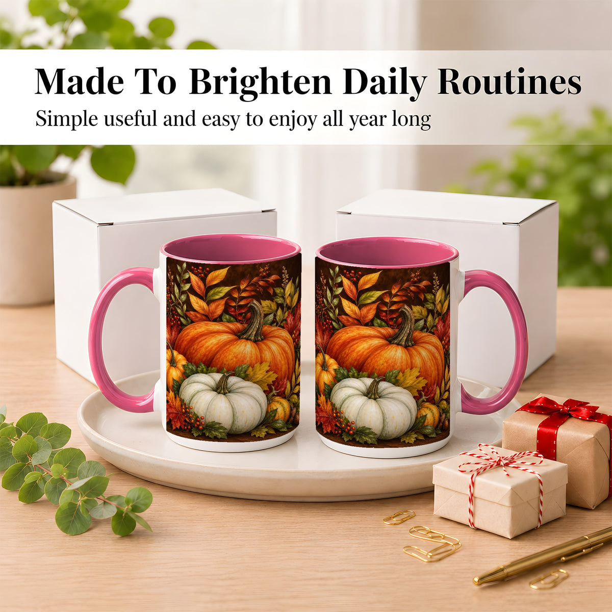 #pl[15oz|Pink] Rustic Autumn Pumpkin Coffee Mug, Fall Harvest Mug, Ceramic Cup