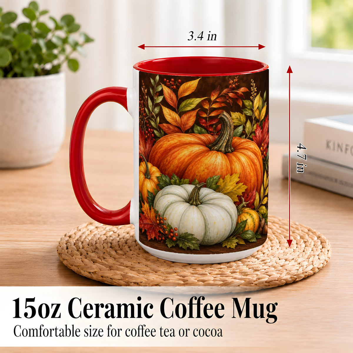 #pl[15oz|Red] Rustic Autumn Pumpkin Coffee Mug, Fall Harvest Mug, Ceramic Cup