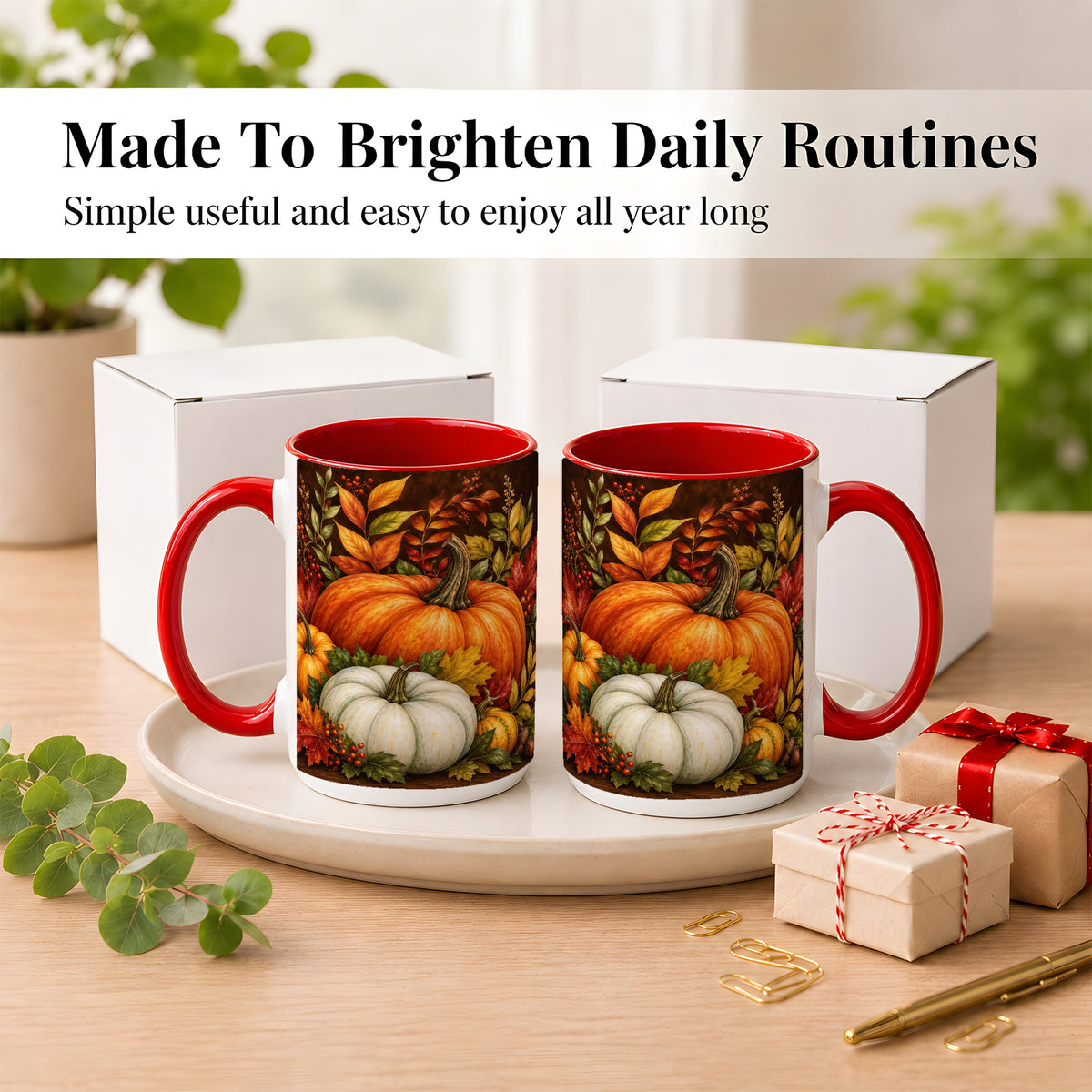 #pl[15oz|Red] Rustic Autumn Pumpkin Coffee Mug, Fall Harvest Mug, Ceramic Cup