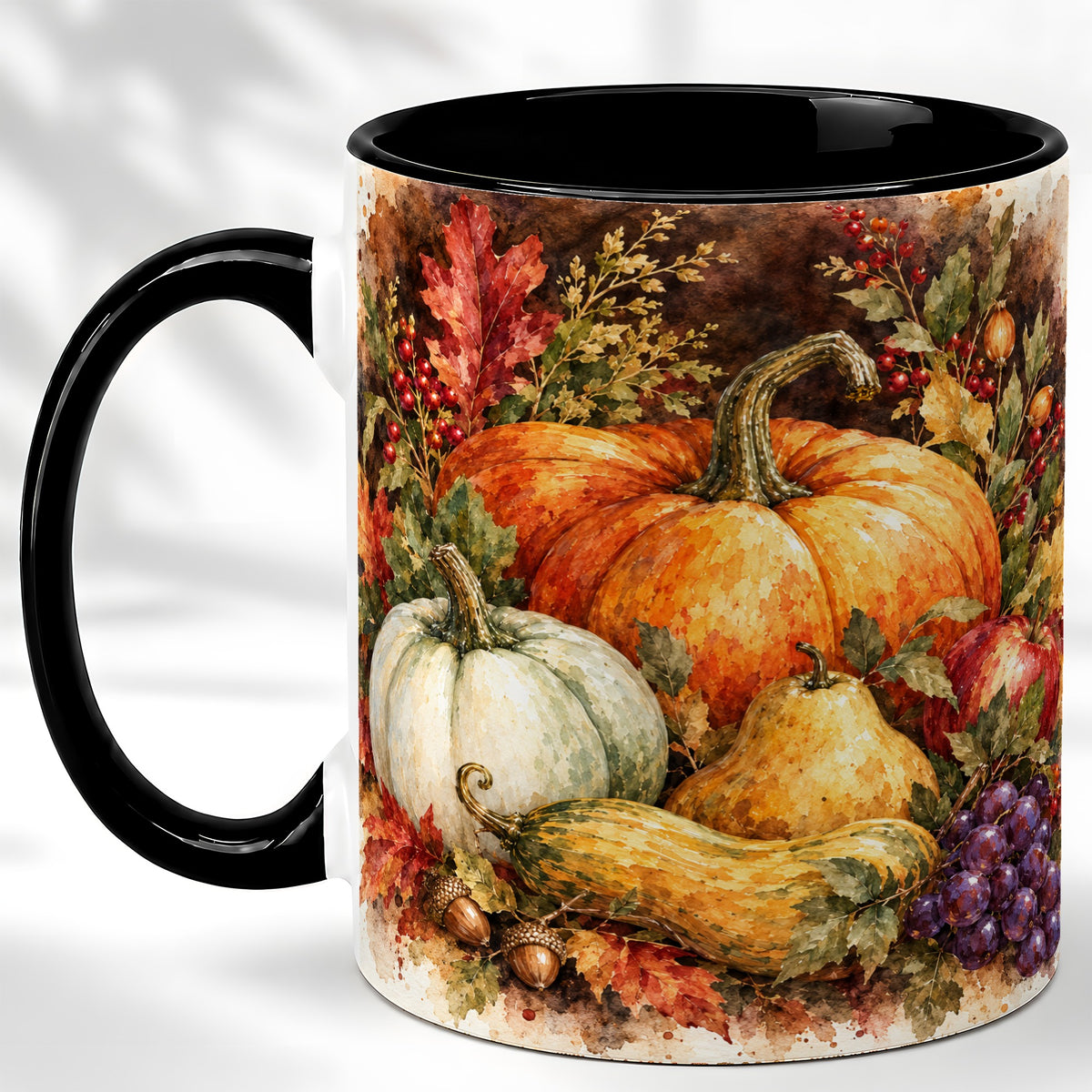 #pl[11oz|Black] Watercolor Pumpkin Coffee Mug, Autumn Harvest Mug, Ceramic Cup