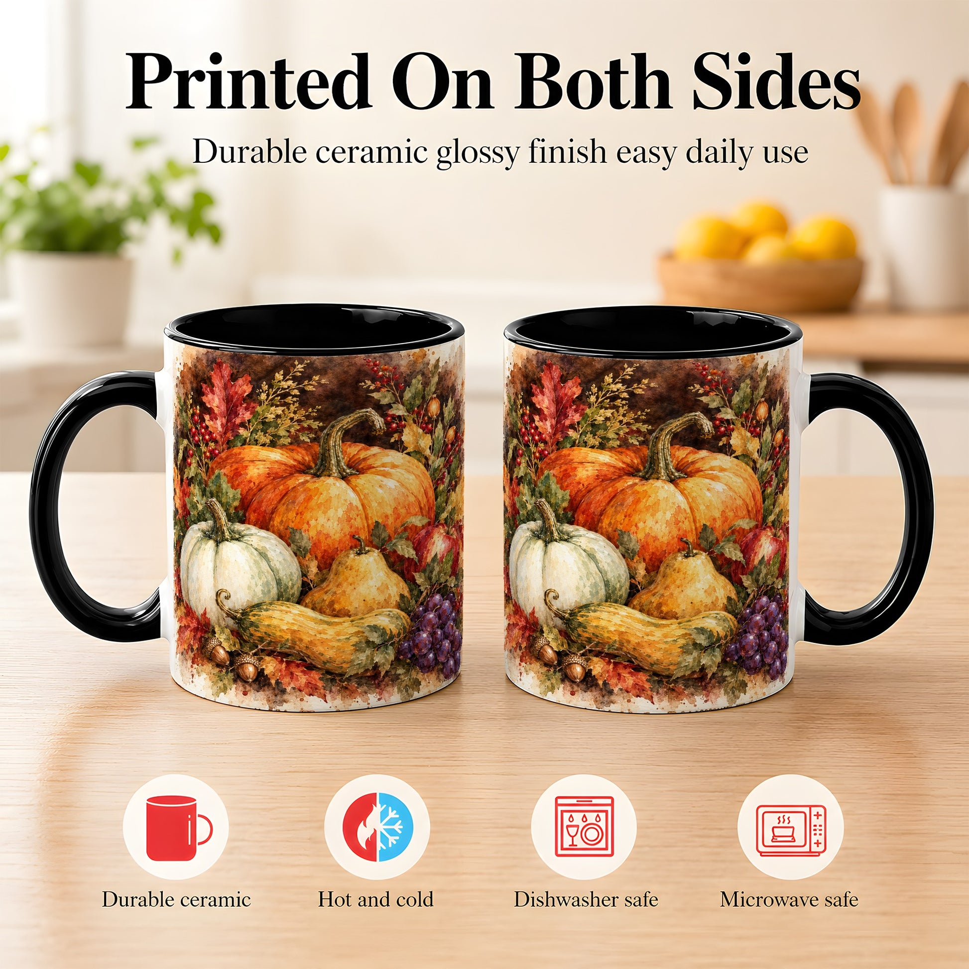 #pl[11oz|Black] Watercolor Pumpkin Coffee Mug, Autumn Harvest Mug, Ceramic Cup