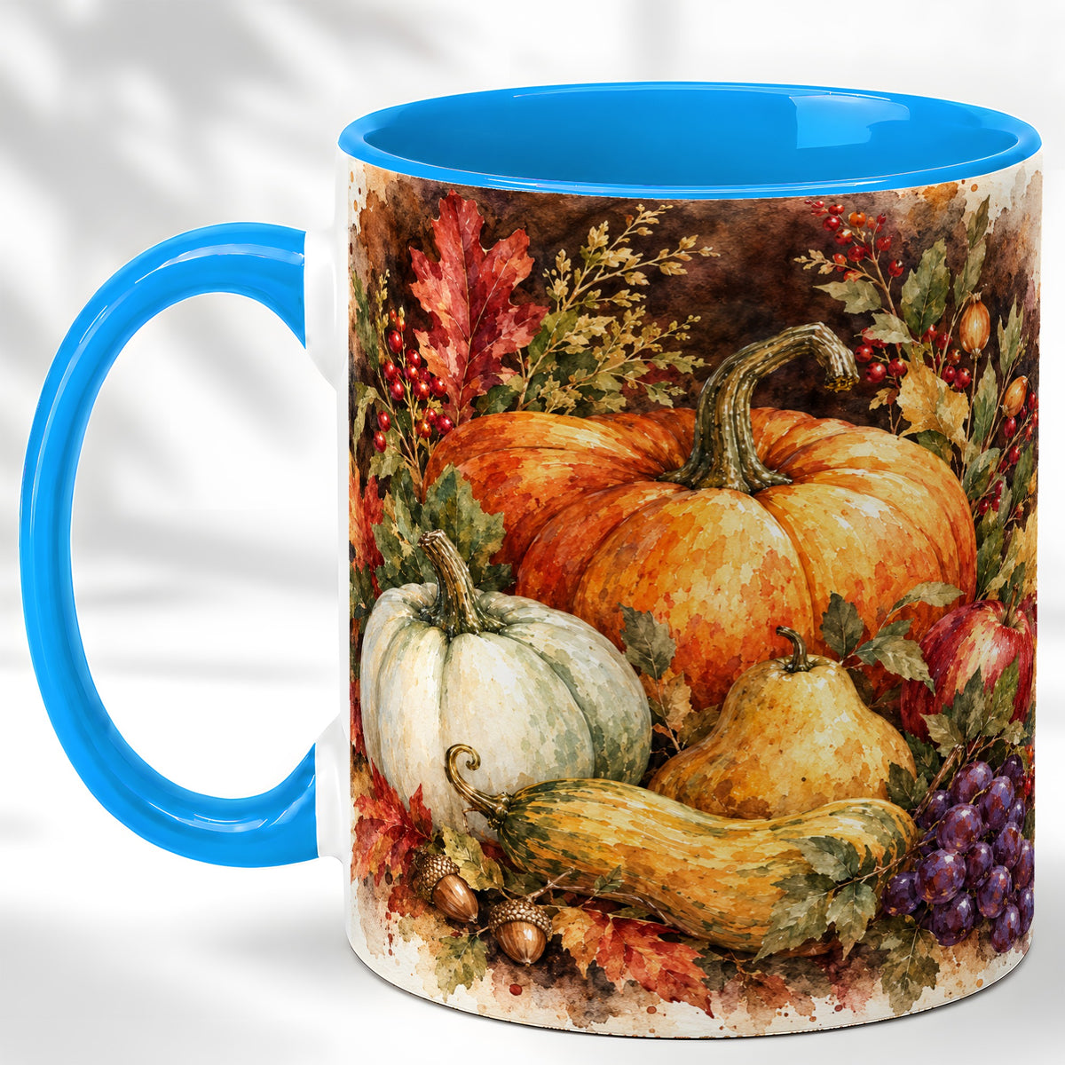 #pl[11oz|Blue] Watercolor Pumpkin Coffee Mug, Autumn Harvest Mug, Ceramic Cup