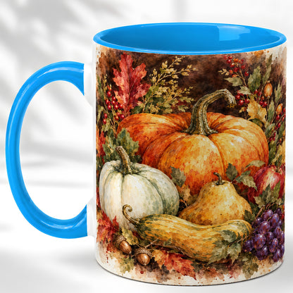 #pl[11oz|Blue] Watercolor Pumpkin Coffee Mug, Autumn Harvest Mug, Ceramic Cup