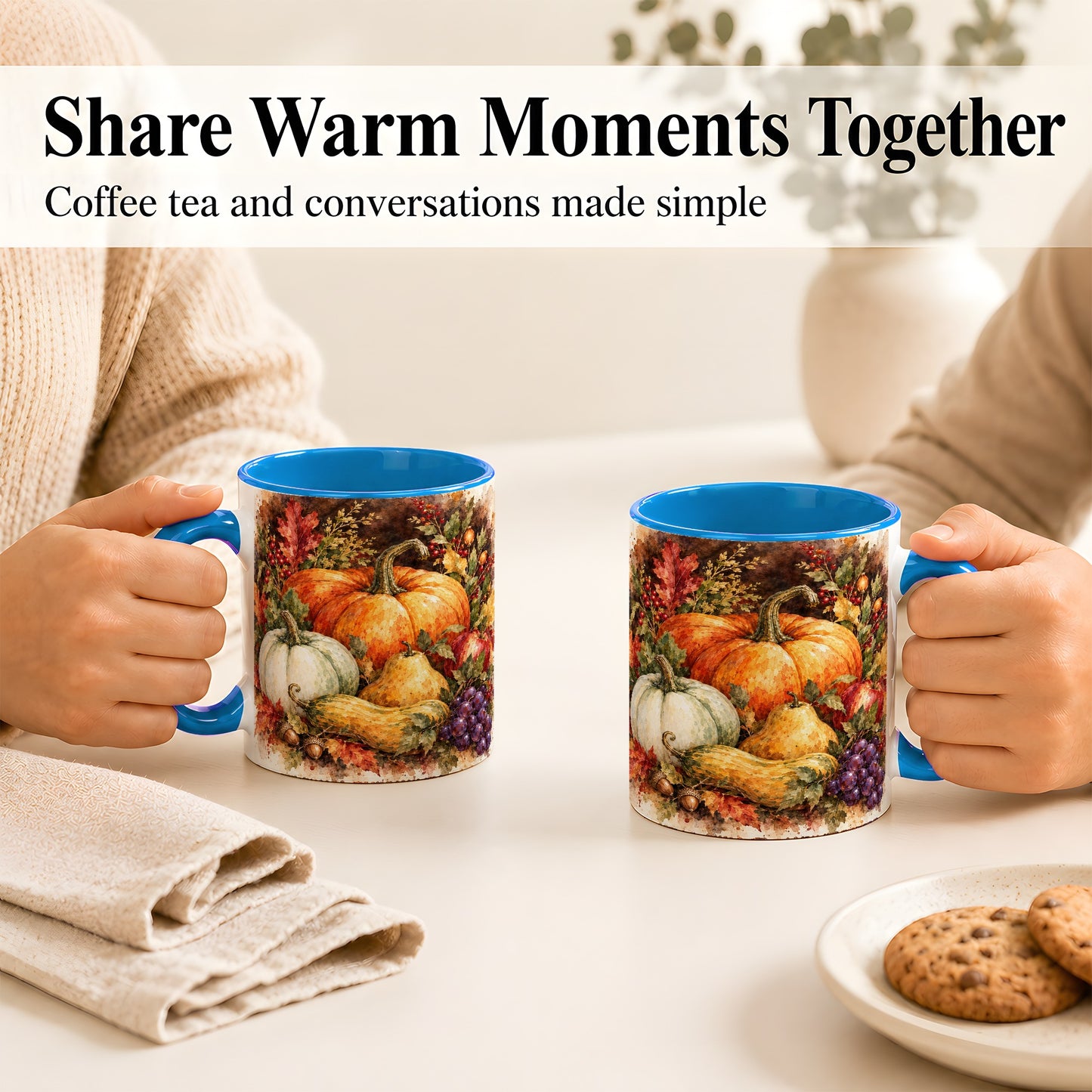 #pl[11oz|Blue] Watercolor Pumpkin Coffee Mug, Autumn Harvest Mug, Ceramic Cup