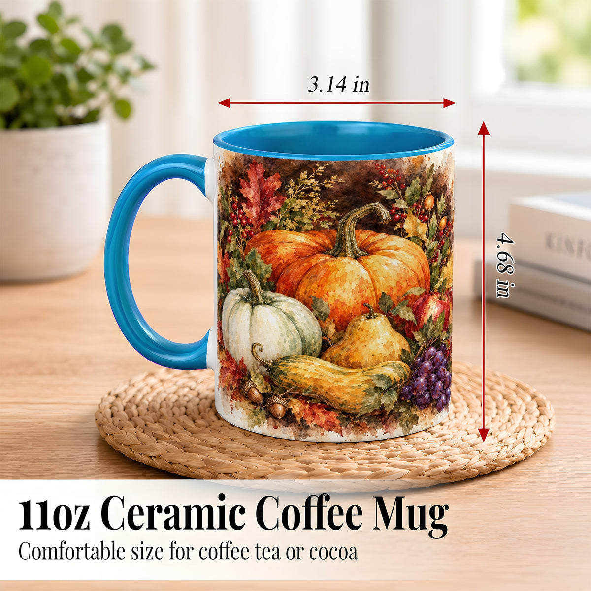 #pl[11oz|Blue] Watercolor Pumpkin Coffee Mug, Autumn Harvest Mug, Ceramic Cup