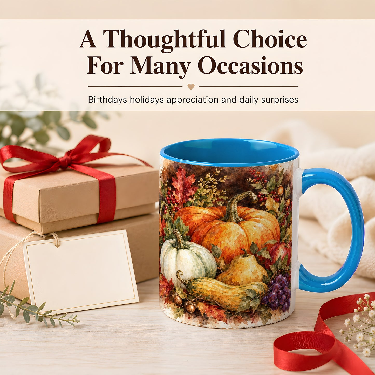 #pl[11oz|Blue] Watercolor Pumpkin Coffee Mug, Autumn Harvest Mug, Ceramic Cup