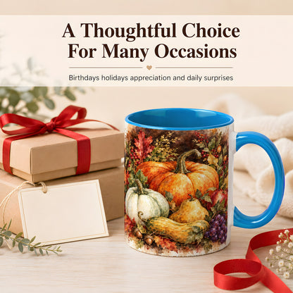 #pl[11oz|Blue] Watercolor Pumpkin Coffee Mug, Autumn Harvest Mug, Ceramic Cup