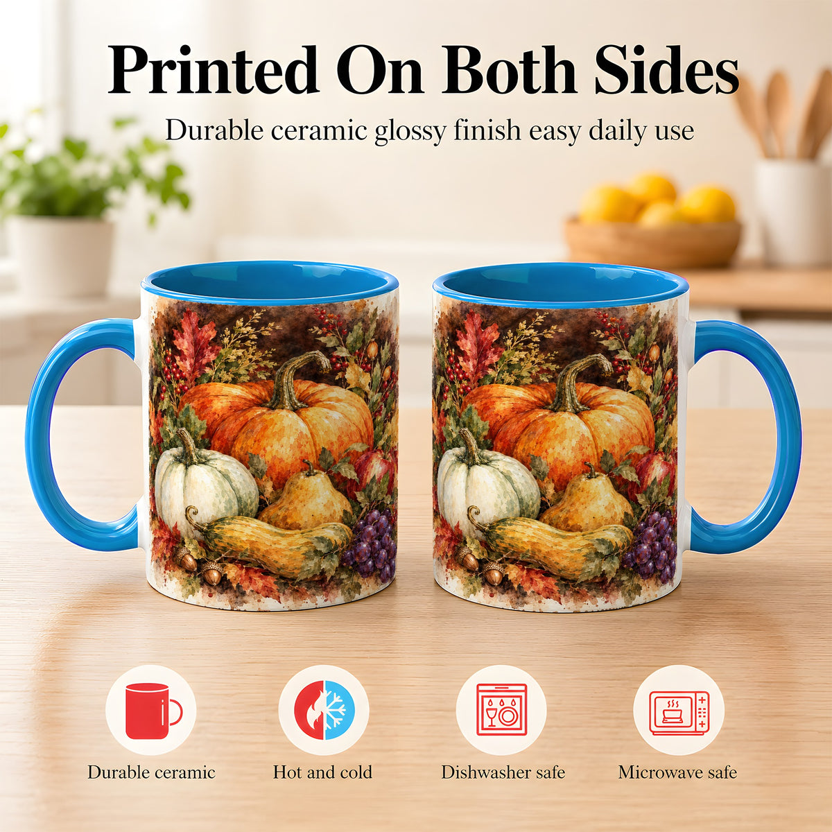 #pl[11oz|Blue] Watercolor Pumpkin Coffee Mug, Autumn Harvest Mug, Ceramic Cup