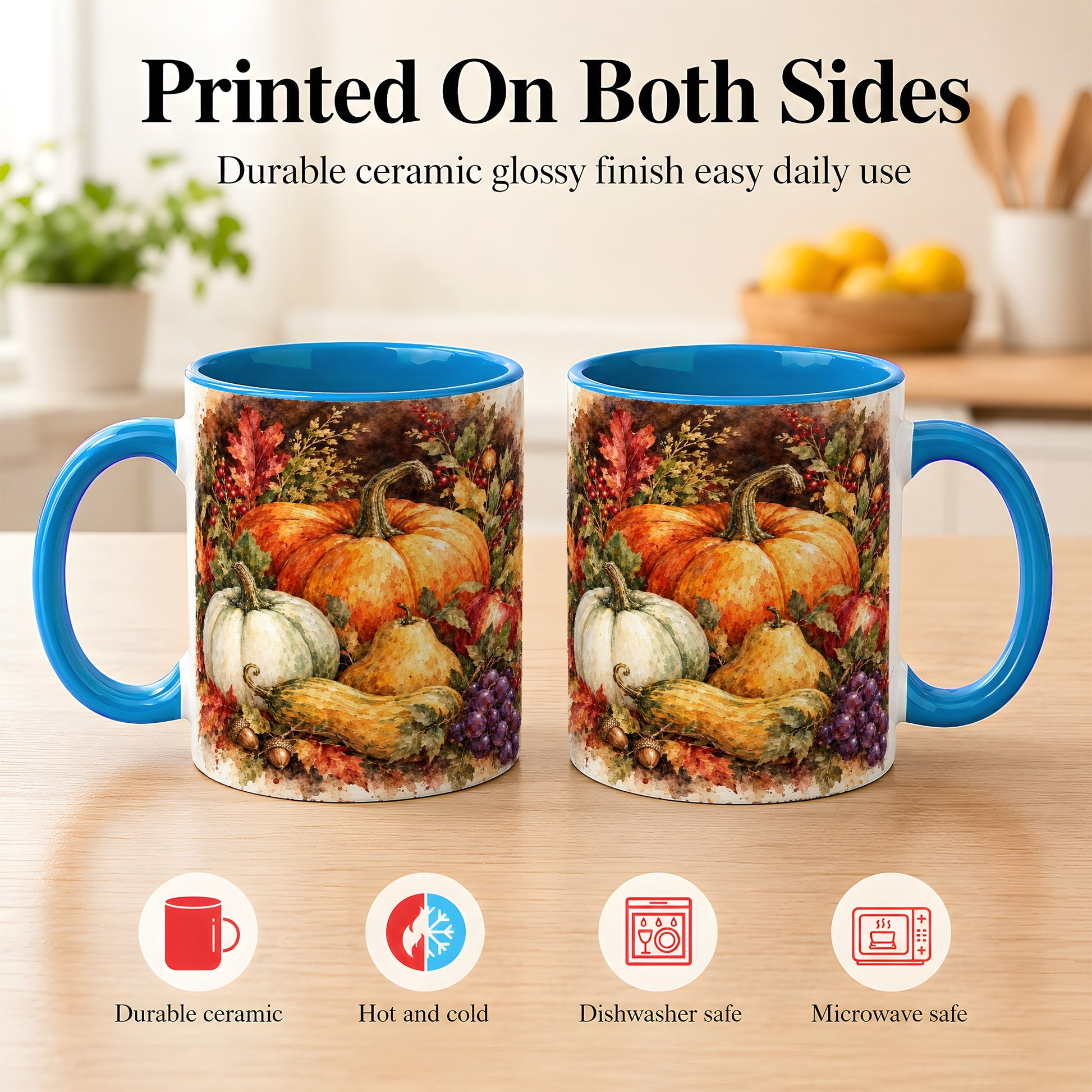 #pl[11oz|Blue] Watercolor Pumpkin Coffee Mug, Autumn Harvest Mug, Ceramic Cup