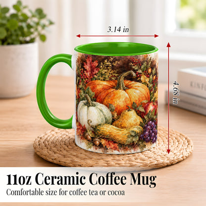 #pl[11oz|Green] Watercolor Pumpkin Coffee Mug, Autumn Harvest Mug, Ceramic Cup