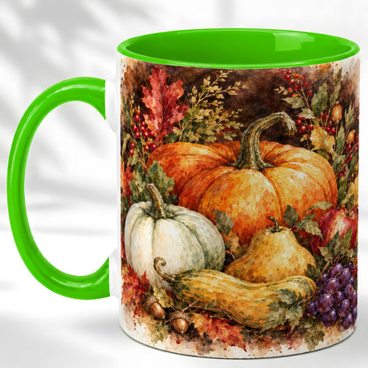 #pl[11oz|Green] Watercolor Pumpkin Coffee Mug, Autumn Harvest Mug, Ceramic Cup
