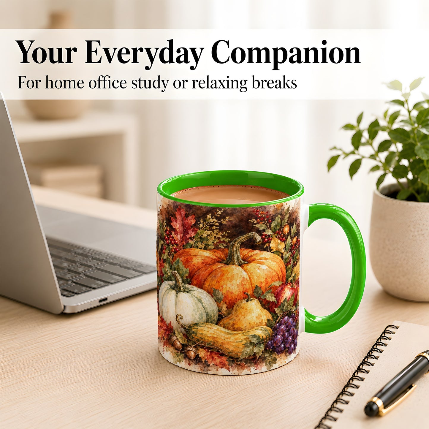 #pl[11oz|Green] Watercolor Pumpkin Coffee Mug, Autumn Harvest Mug, Ceramic Cup