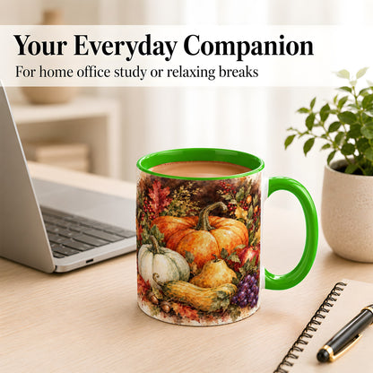 #pl[11oz|Green] Watercolor Pumpkin Coffee Mug, Autumn Harvest Mug, Ceramic Cup
