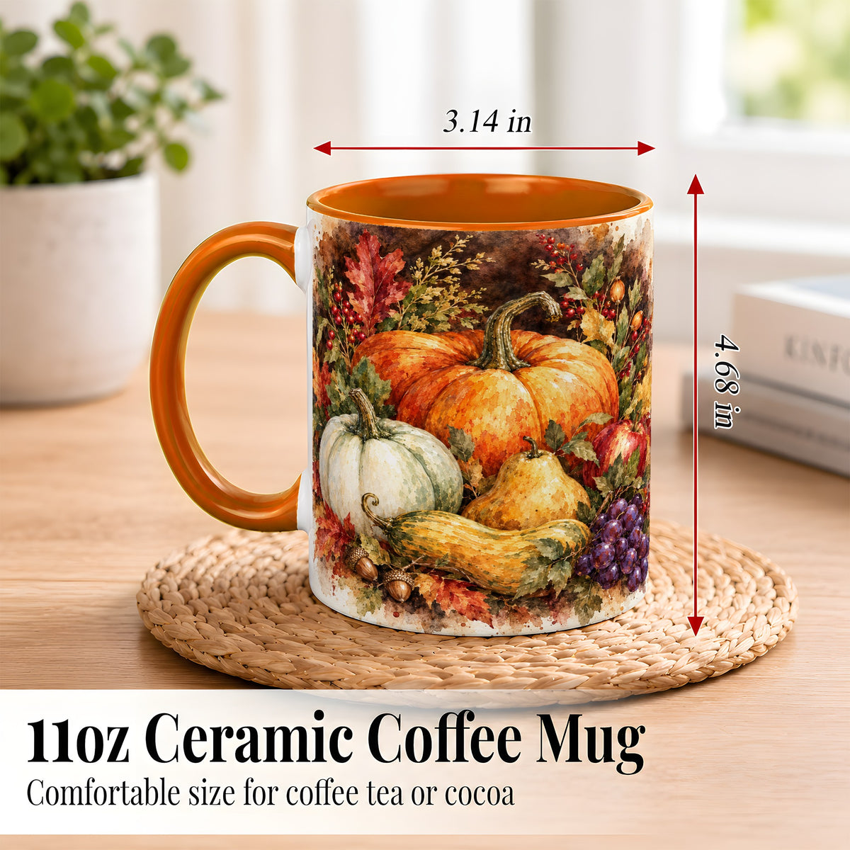 #pl[11oz|Orange] Watercolor Pumpkin Coffee Mug, Autumn Harvest Mug, Ceramic Cup