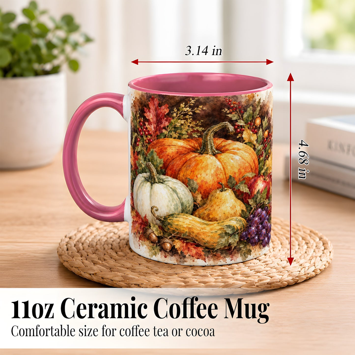 #pl[11oz|Pink] Watercolor Pumpkin Coffee Mug, Autumn Harvest Mug, Ceramic Cup
