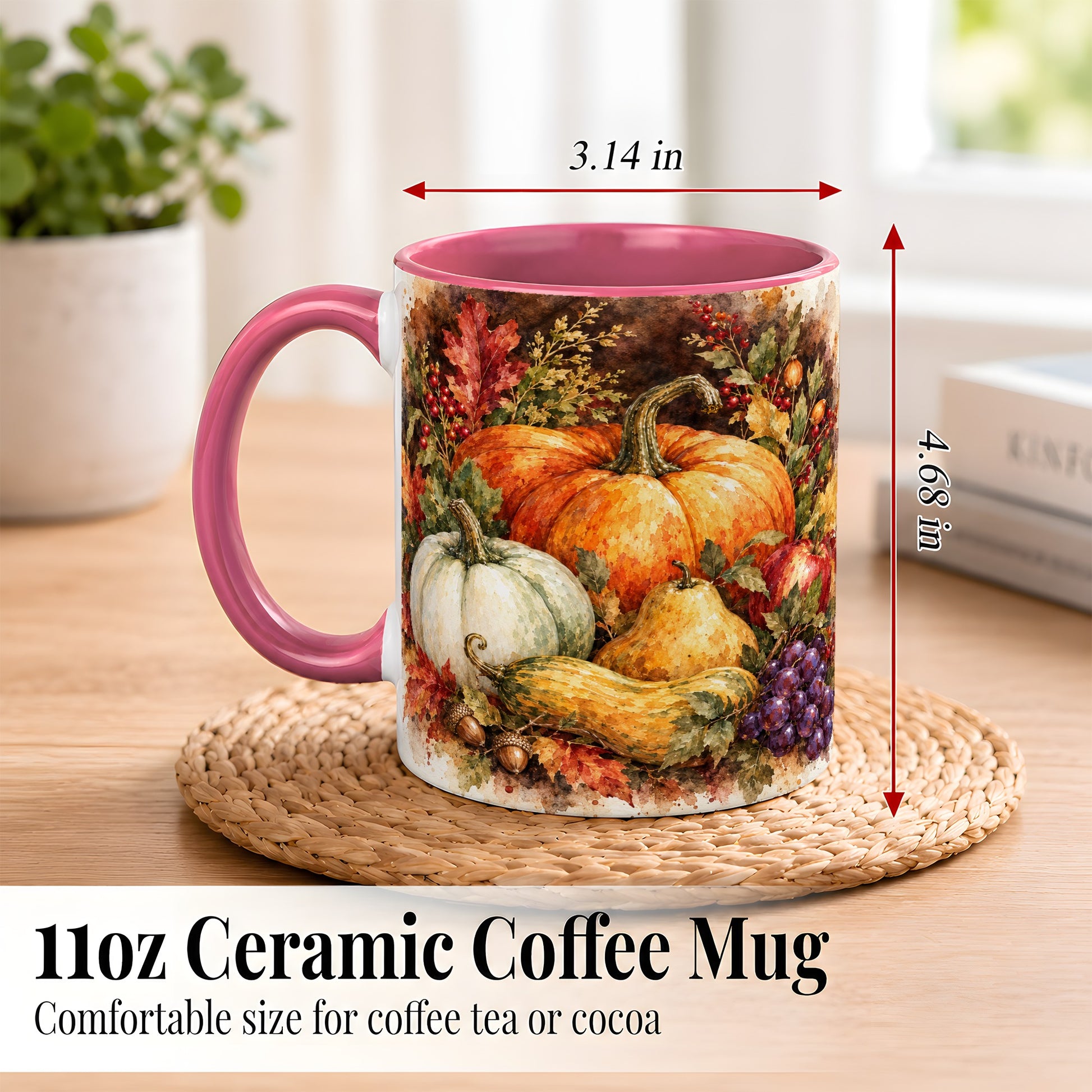#pl[11oz|Pink] Watercolor Pumpkin Coffee Mug, Autumn Harvest Mug, Ceramic Cup