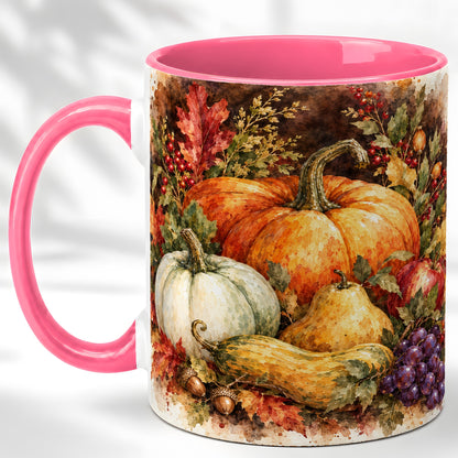 #pl[11oz|Pink] Watercolor Pumpkin Coffee Mug, Autumn Harvest Mug, Ceramic Cup