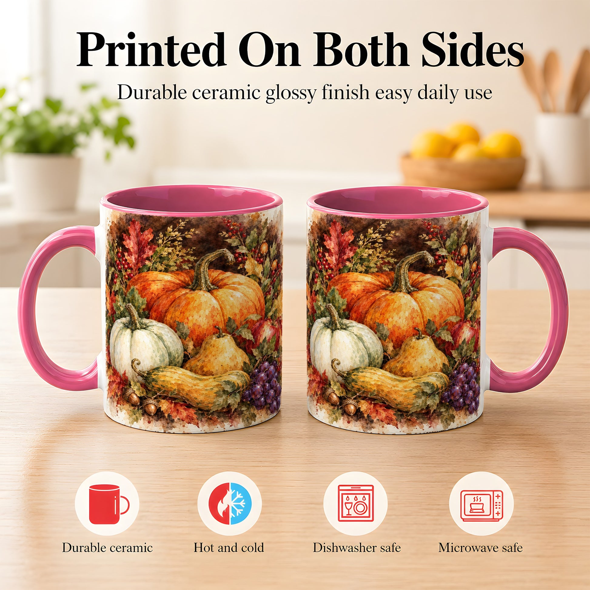 #pl[11oz|Pink] Watercolor Pumpkin Coffee Mug, Autumn Harvest Mug, Ceramic Cup
