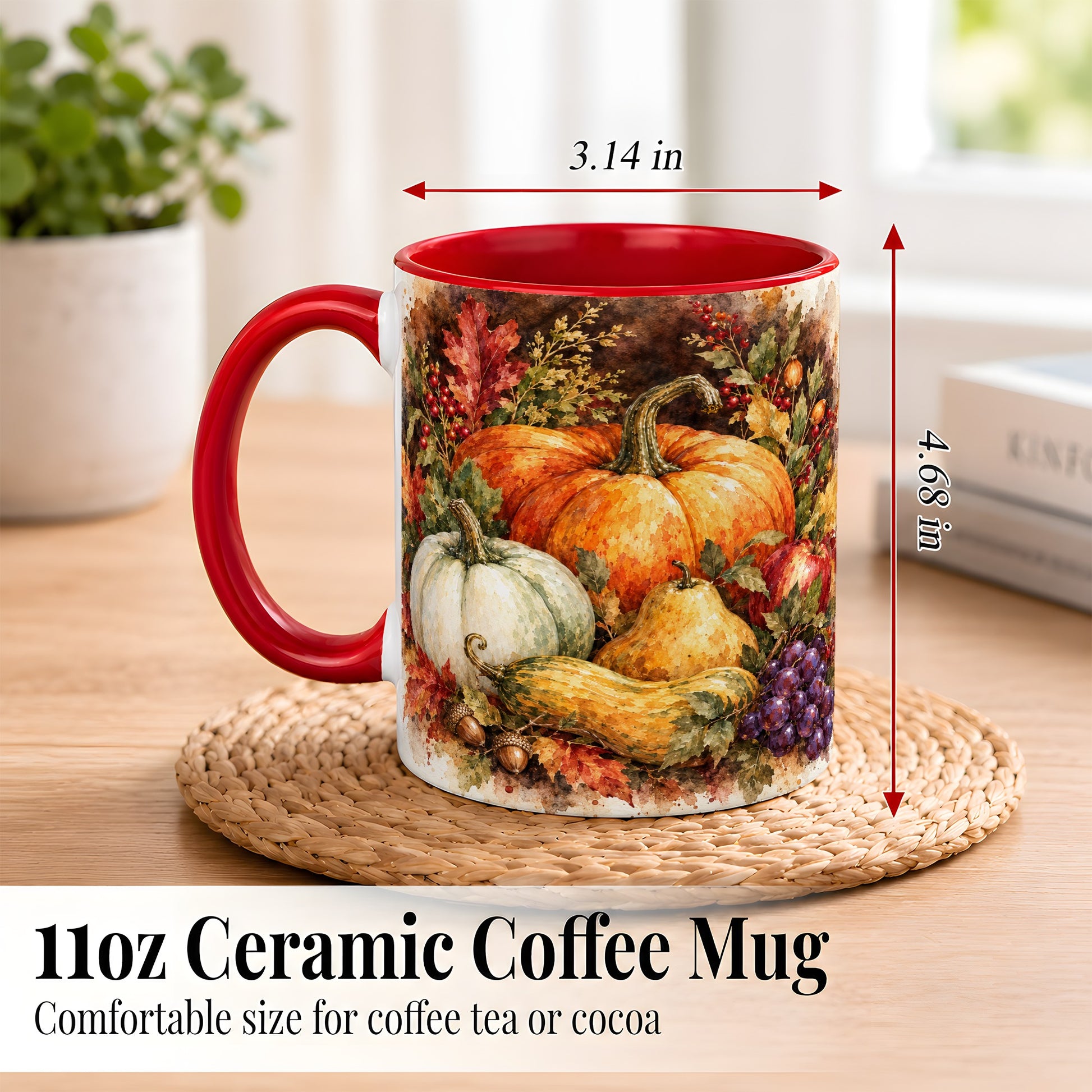 #pl[11oz|Red] Watercolor Pumpkin Coffee Mug, Autumn Harvest Mug, Ceramic Cup