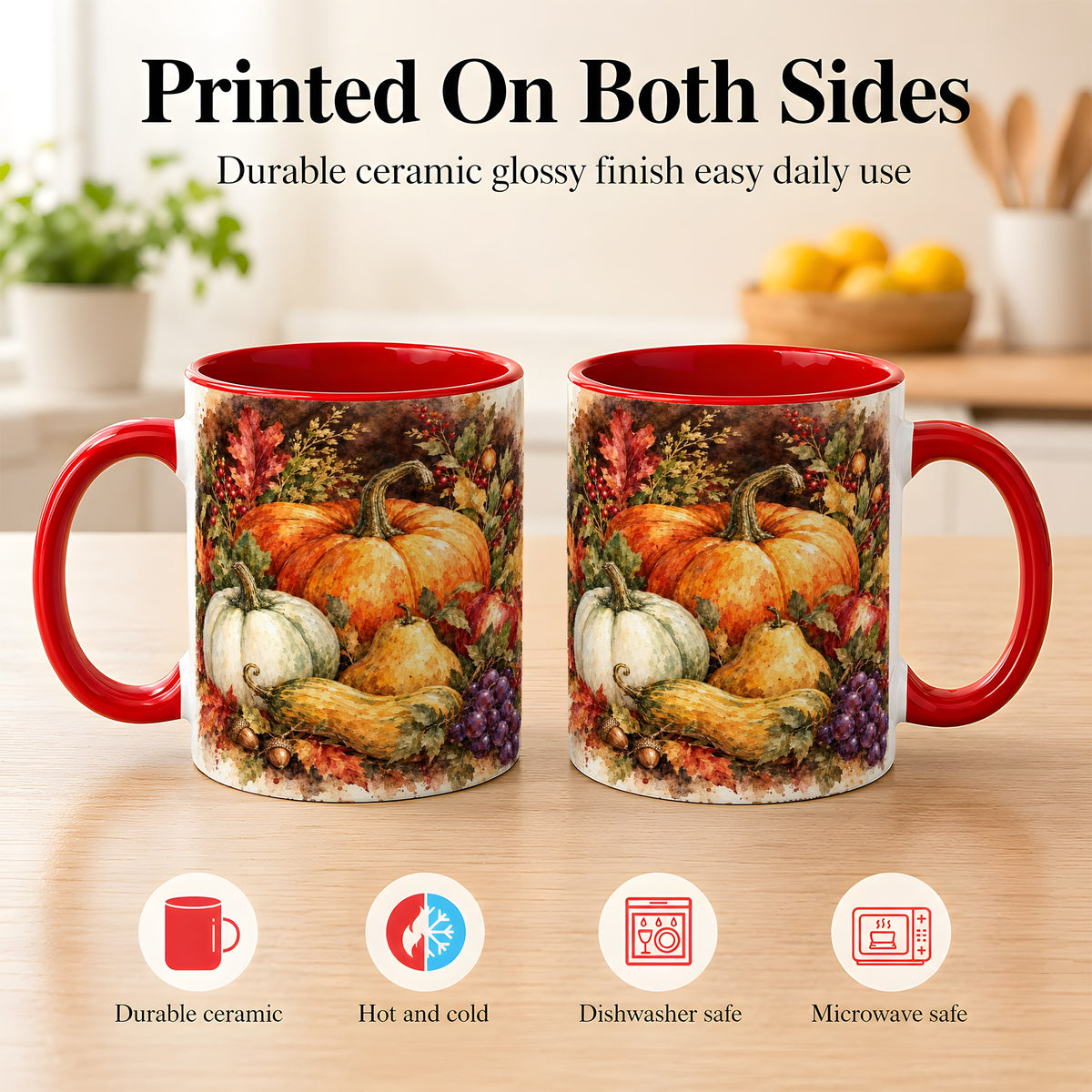 #pl[11oz|Red] Watercolor Pumpkin Coffee Mug, Autumn Harvest Mug, Ceramic Cup