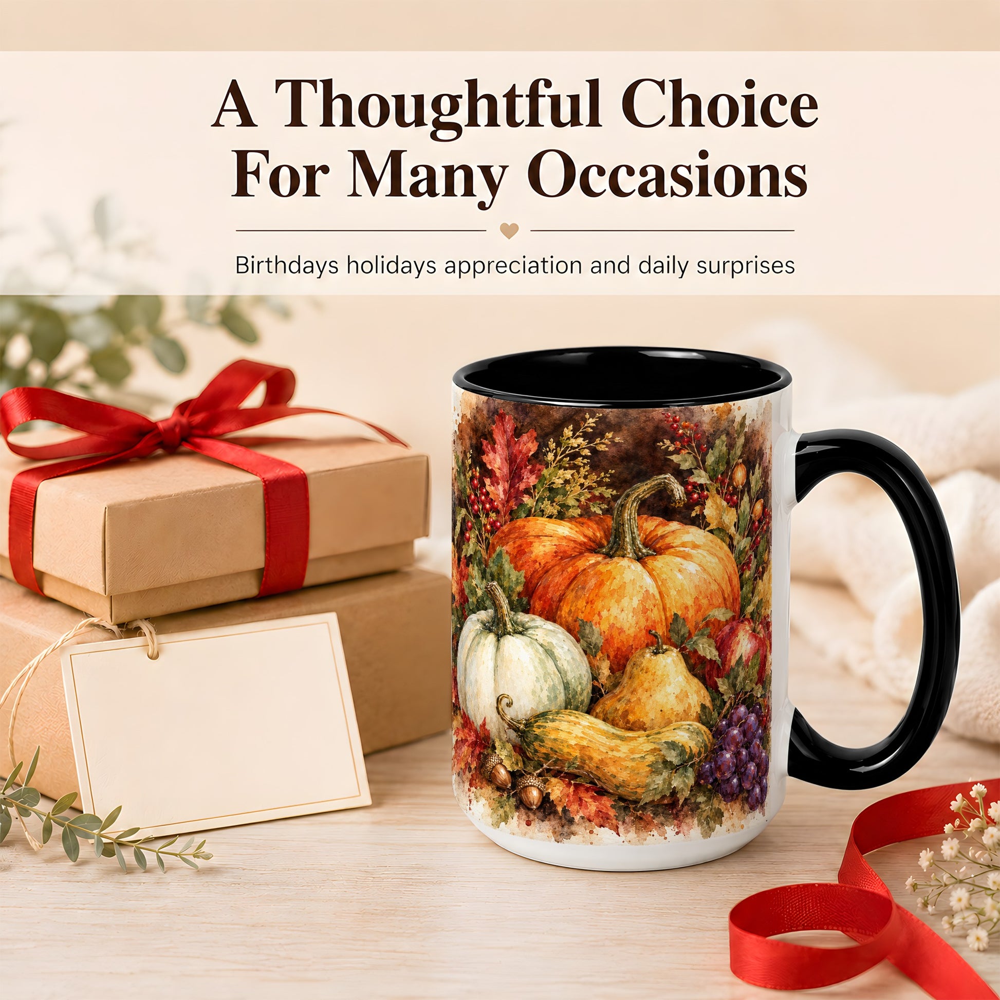 #pl[15oz|Black] Watercolor Pumpkin Coffee Mug, Autumn Harvest Mug, Ceramic Cup