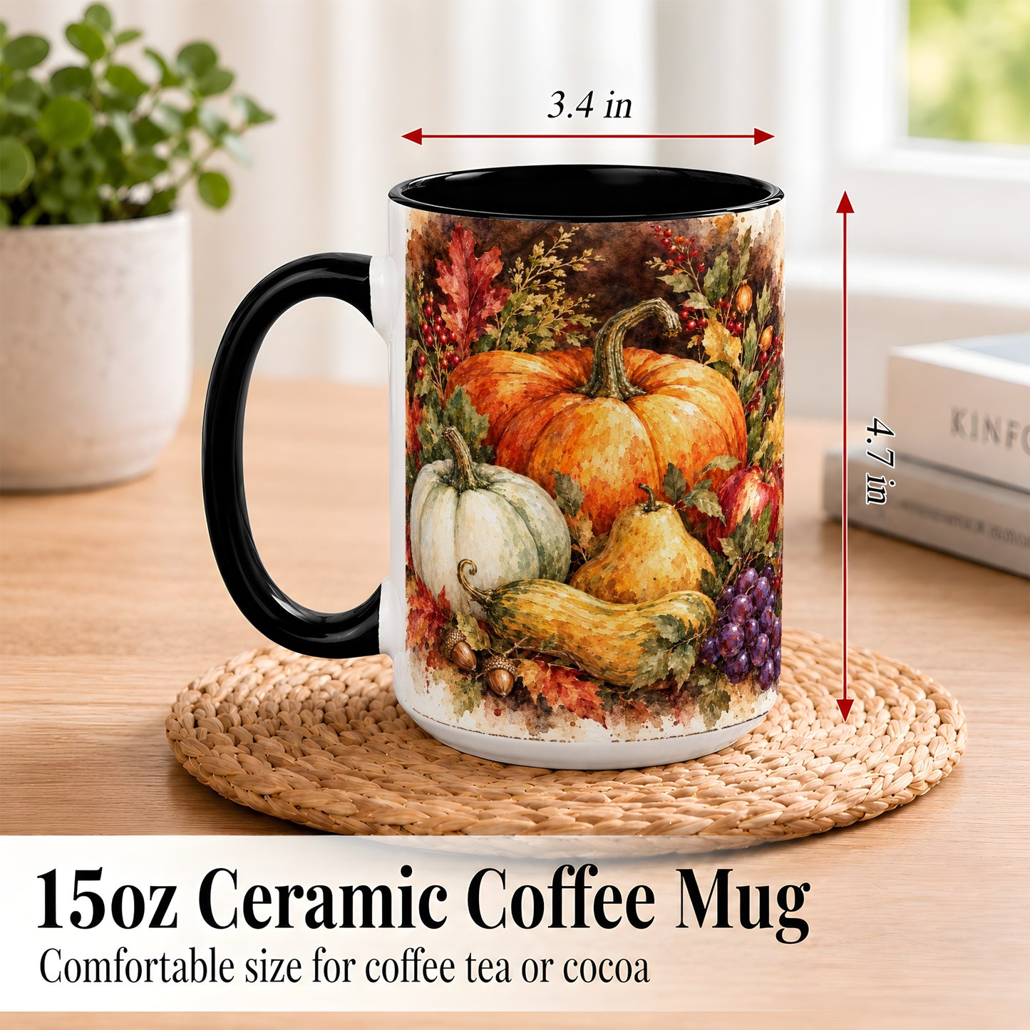 #pl[15oz|Black] Watercolor Pumpkin Coffee Mug, Autumn Harvest Mug, Ceramic Cup