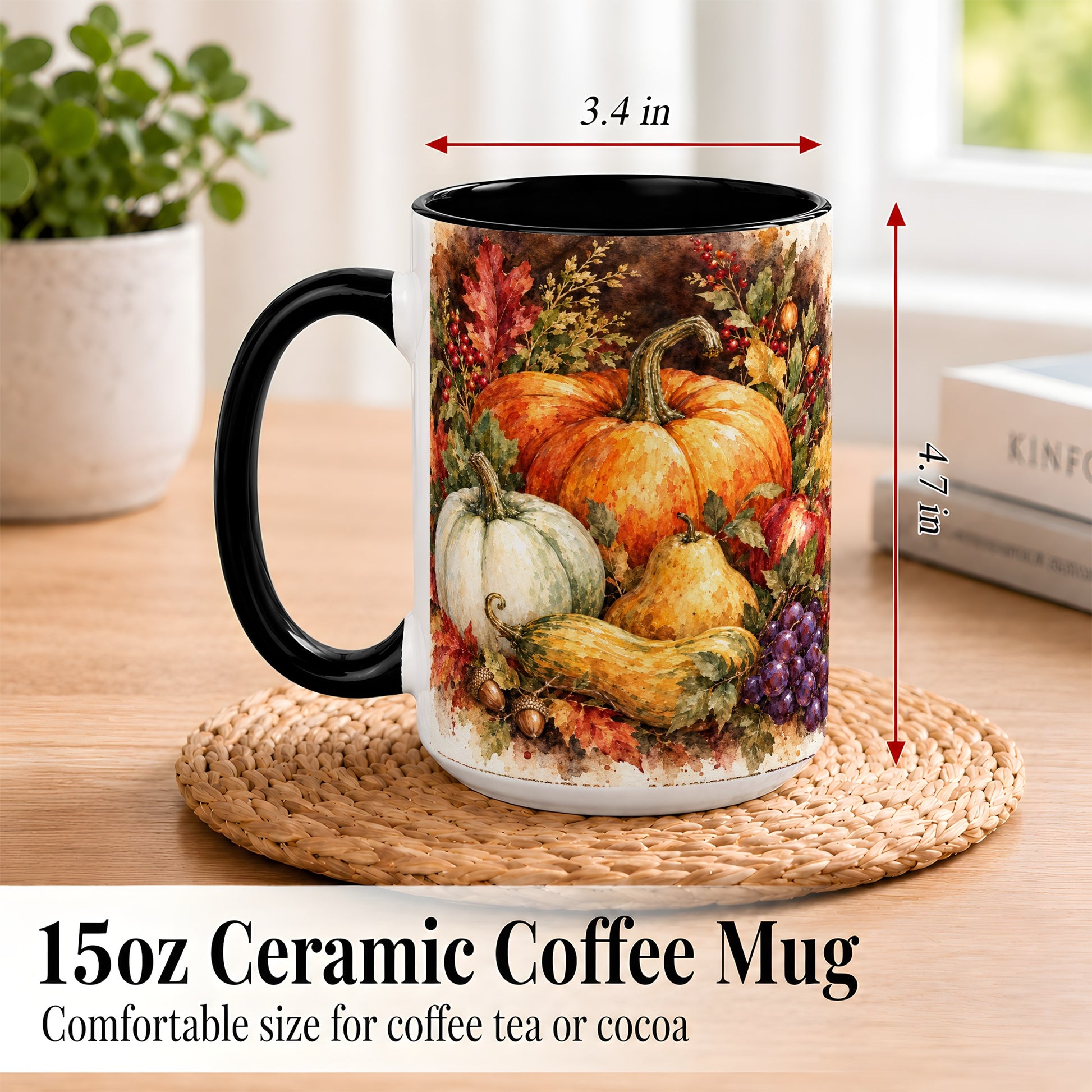 #pl[15oz|Black] Watercolor Pumpkin Coffee Mug, Autumn Harvest Mug, Ceramic Cup