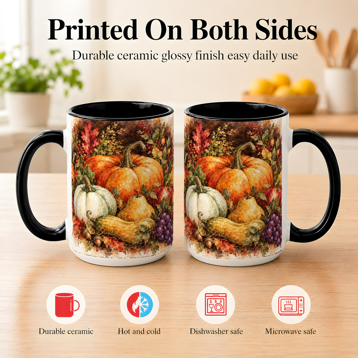 #pl[15oz|Black] Watercolor Pumpkin Coffee Mug, Autumn Harvest Mug, Ceramic Cup
